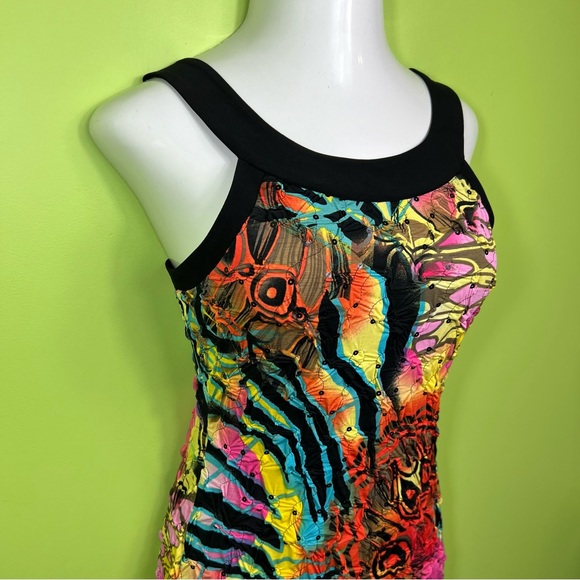Joseph Ribkoff Dress  Ruched Stretch Sequin Colorful Party Unique Detail size 6 - Picture 2 of 5
